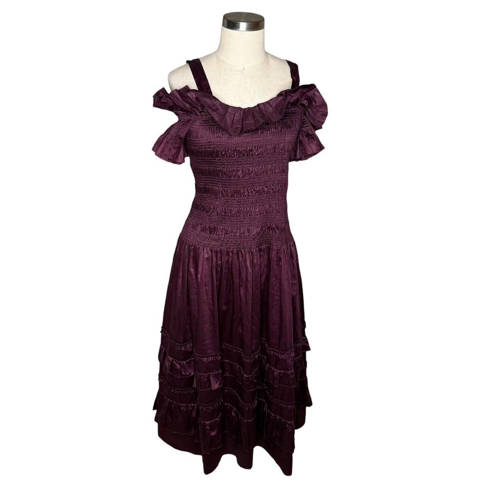 REBECCA TAYLOR Dress Plum Smocked Ruffle Cold Shoulder Women's Size 12 Midi Glam